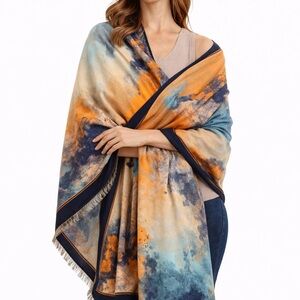 Boho oversize Shawl wrap Scarf fringe Orange blue beige soft festival